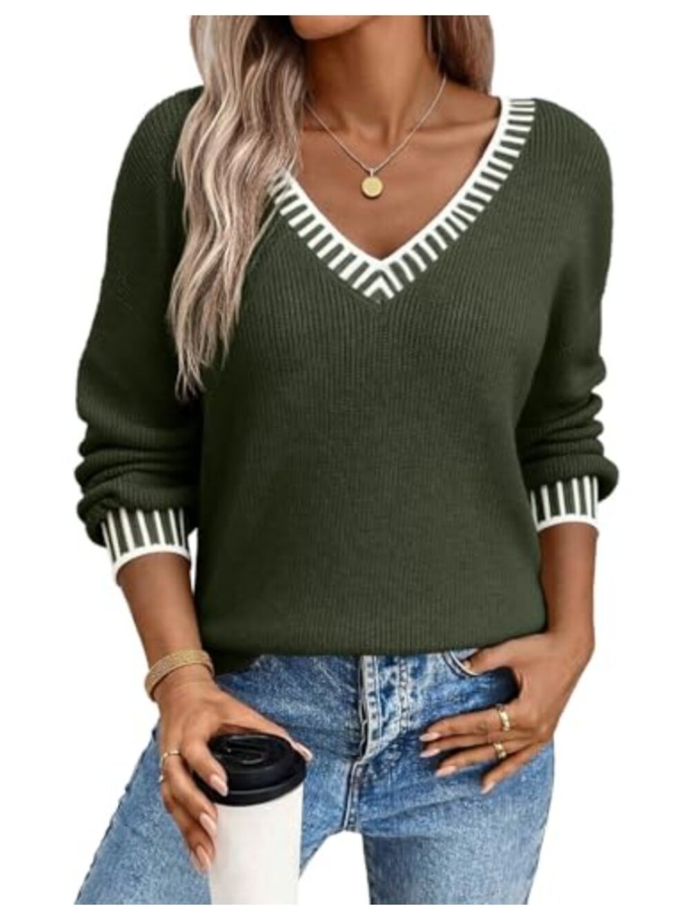 Womens V Neck Long Sleeve Cable Knit Pullover Sweater Loose Fit Casual Fall